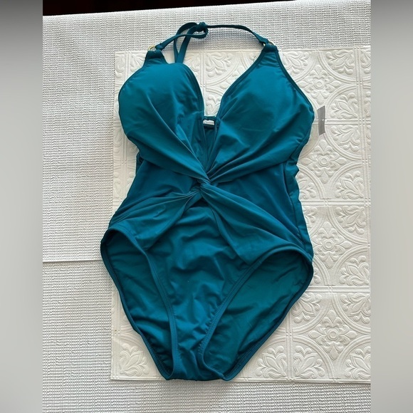La Blanca One Piece Swimsuit Halter Twist Knot Front Mesh Inserts 4 Peacock 5025 - Picture 6 of 14